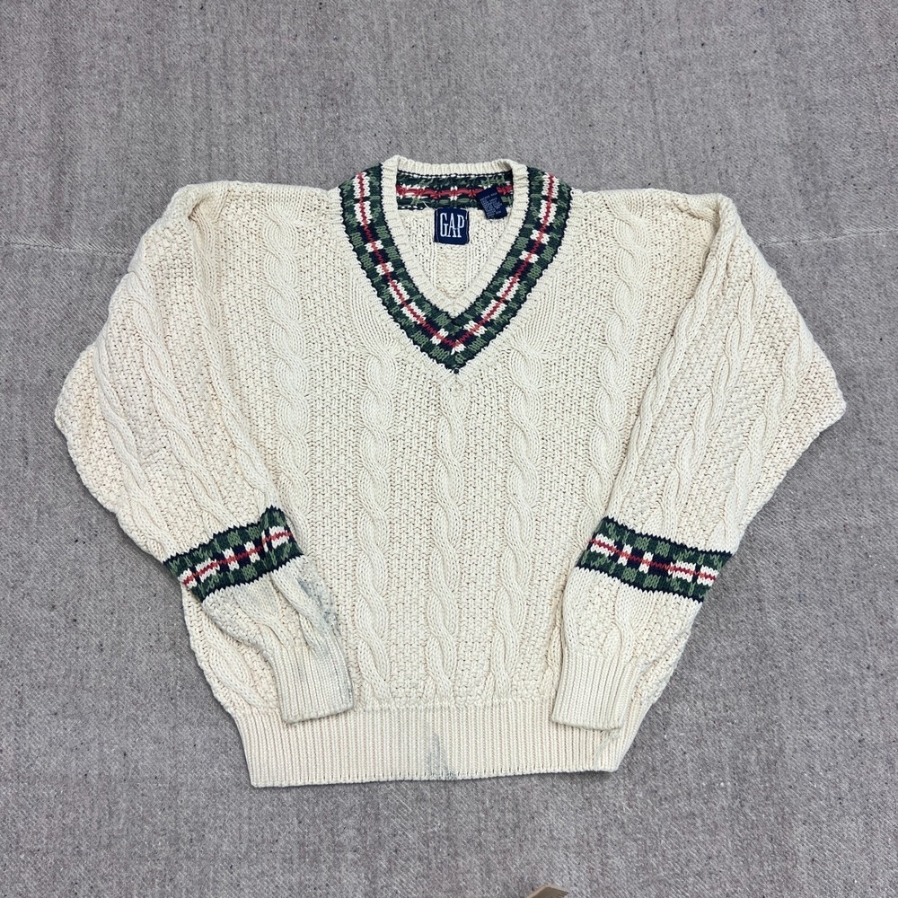 Vintage‎ Gap Cable Knit Sweater Mens Medium White 1990s V Neck